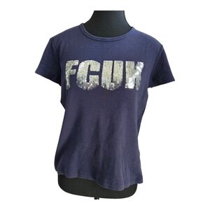 French Connection Navy Tee with Silver Sequin Detail Size Med No Size Tag
